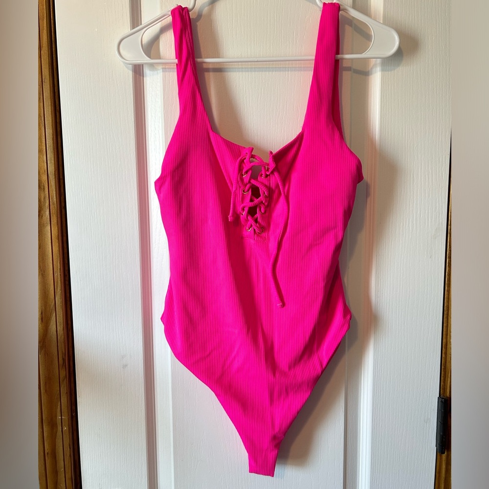Rue 21 Bright, summer pink, ribbed,one-piece, lace-up swimsuit.